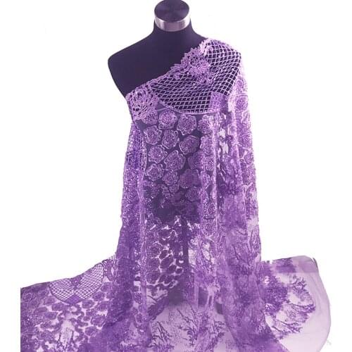 Purple/Pink High Quality African Floral Mesh Flower Embroidered Lace Fabric Handmade Beads Laces Tulle for Dress Sewing Material
