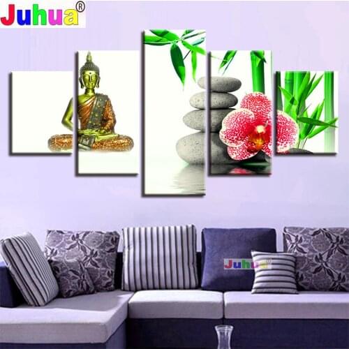 Full Square round 5D Diy Diamond Painting Bamboo Orchid Stone Buddha Zen Embroidery Mosaic Living Room Background 5 Piece