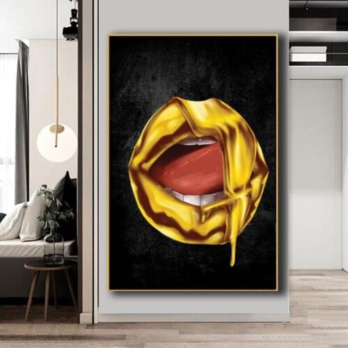 Sexy Gold Lips Mouth Canvas Painting Living Room Money on Lips Posters and Prints Nordic Wall Art Picture Aesthetic Room Decor