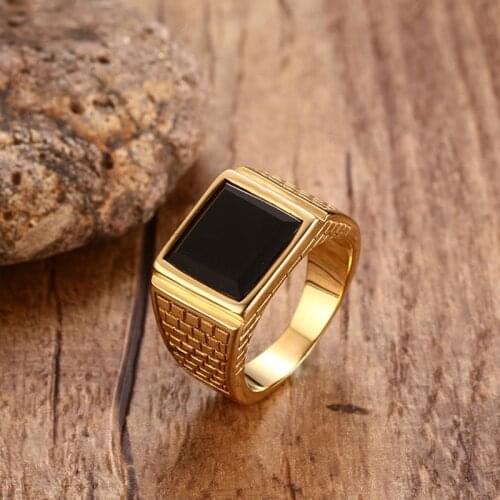 Classic Mens Stainless Steel Black Stone Gold Ring Europe and America Style