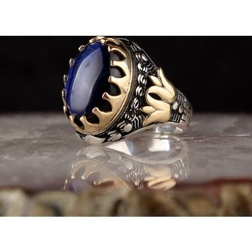 Natural Blue Tigereye Stone 925 Sterling Silver Mens Ring Ring Handmade Turkish Signet Rings Jewelry Gift for Women Men