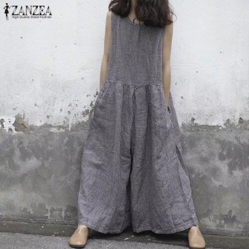 Summer Rompers ZANZEA Women Sleeveless Plaid Jumpsuits Casual Vintage Checked Wide Leg Overalls Ladies Cotton Linen Jumpsuits