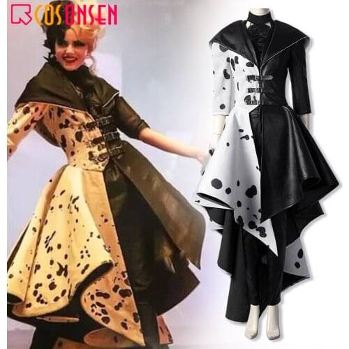 COSPLAYONSEN Cruella Cosplay Costume Black White Suit Halloween Outfit Full Set