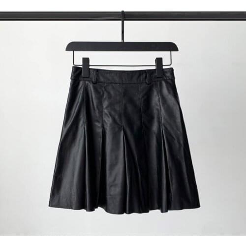 2021 Autumn New Leather A-line Skirt Skirt Female Sheep Skin Short Skirt Leather Skirt Was Thin and Contrast Pleated Skirt