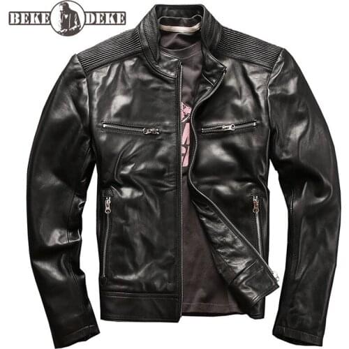 Natural Sheepskin Coat Stand Collar Classic Moto Biker Jacket Men Punk Style Slim Fit Casual Outerwear Genuine Leather Jackets