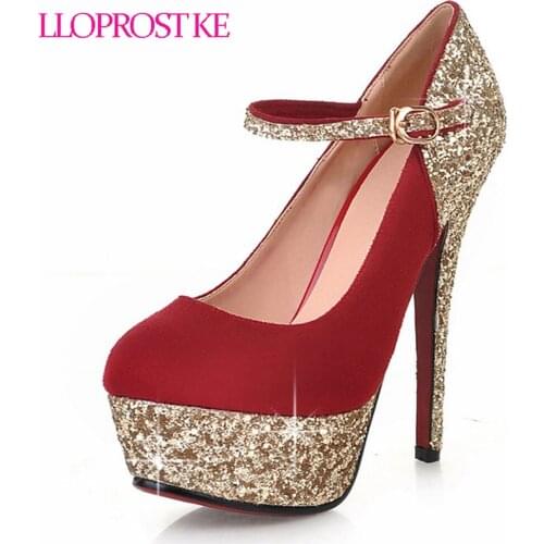 Lloprost ke Autumn Sexy Party Heels Shoes Women Bling Pumps Fashion Shoes 14CM Thin Heel Buckle Straps Platform Shoes Lady MY637