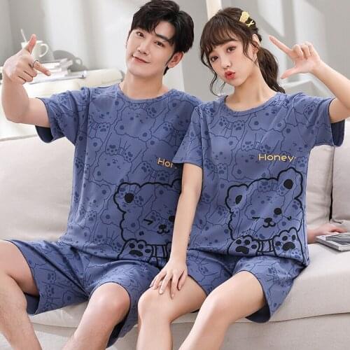 Letter Cartoon Pullover Short Sleeve Pants Pajama Couples Lovers Jammies O-Neck Casual Sleepwear Nightwear Pyjamas 6535 Cotton