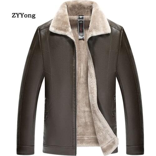 Winter Brown Fleece Fur Turndown Collar Leather Jacket Men Parka Coat Overcoat Plus Velvet Warm Windproof PU Outwear Windbreaker