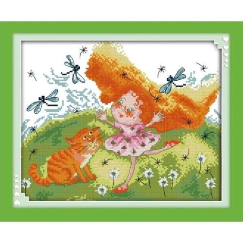 Spring Dream Scene Small Girl And Kitty Hand Embroidered Cross-Stitch Kit Dandelion And Dragonfly Beautiful Scenery Painting
