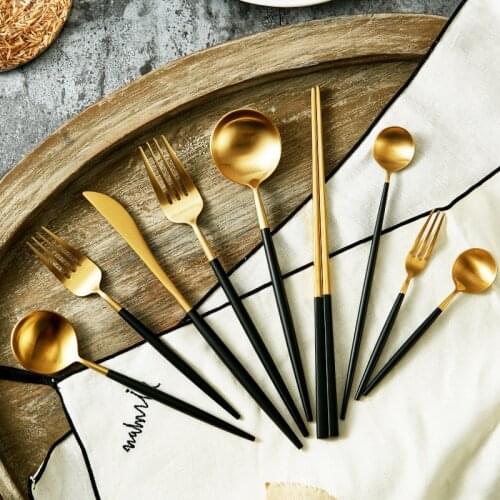 Black Gold Cutlery Set Matter Fork Knife Spoon Cutlery Set Chopstick Tea Fork Spoon Tableware Western Dinnerware Set Spoon Fork