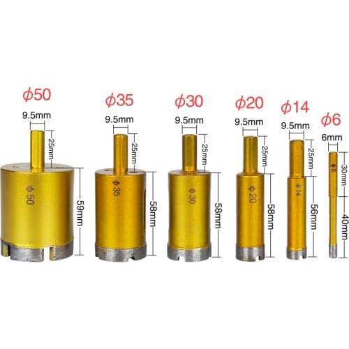 6Pcs 6/14/20/30/35/50mm Diamond Drill Bit Sets for Marble Granite Stone Ceramic Tile Core Drill Bits