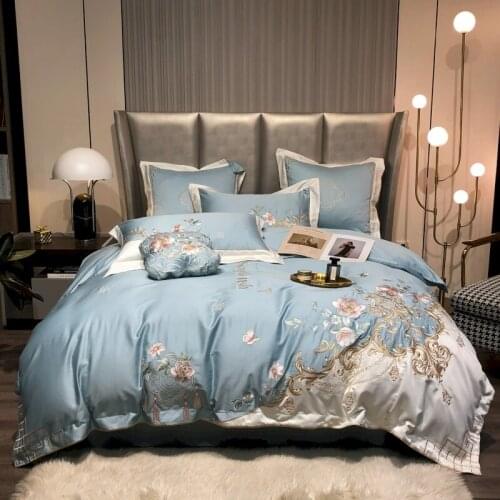 New Chinese Style Flowers Embroidery 1000TC Egyptian Cotton Bedding Set Soft Silky Duvet Cover Bed Linen Fitted Sheet Pillowcase