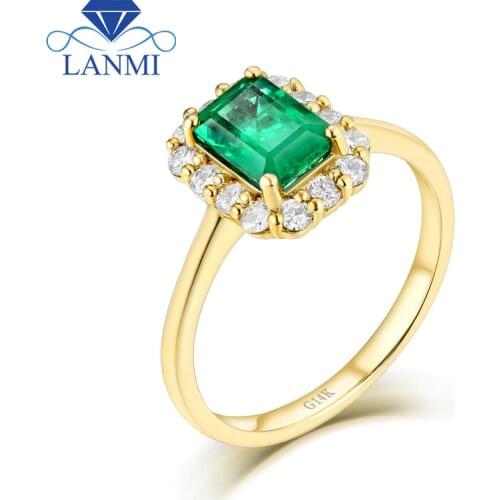 LANMI Solid 14K Yellow Gold Real Diamond 100% Natural Emerald Stone Promised Wedding Rings for Women Genuine Gemstone Jewelry