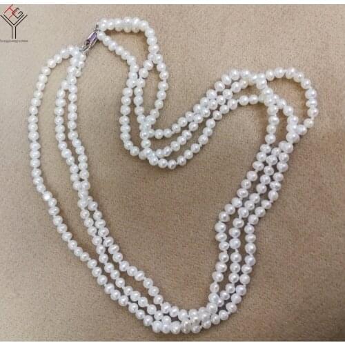 Women Jewelry 2x4mm white pearl 3 rows necklace bright pearl handmade real natural freshwater pearl gift