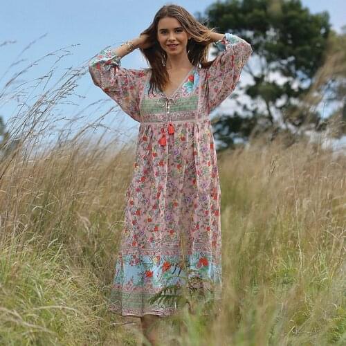 TEELYNN boho dress pink rayon floral print tunic dresses tassel lantern long Sleeve v-neck autumn women dresses Gypsy Vestido