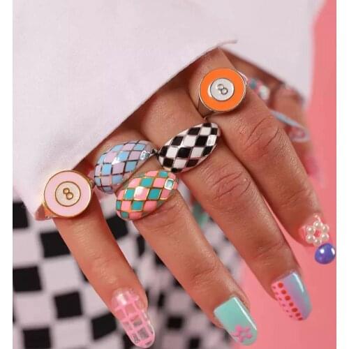 Simple Fashion Colorful Plaid Pattern Geometric Round Gold Color Metal Ring for Women Girls Personality Jewelry 2021 New