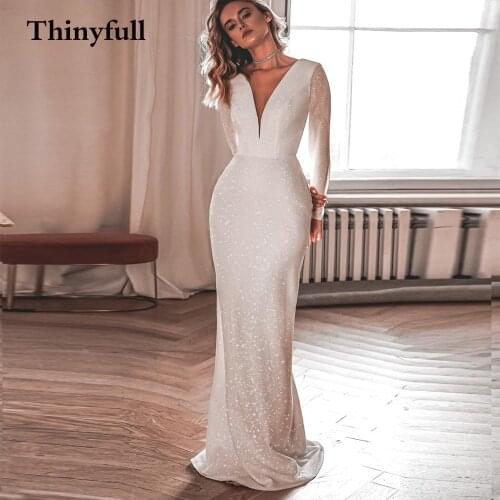 Eightree Sparkly Glitter Mermaid Wedding Party Dresses Sexy Bling Long Sleeves V Neck Floor Length Bride Formal Party Gowns