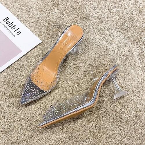 Transparent Square Heels Crystal Shoes Women Summer Pointed Toe PU Wedding Party Shoes for Women Sandals Thick Heels women pumps