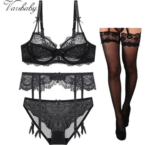 Varsbaby Lace comfortable breathable sexy underwear thin bra set 4 piece bra+panties+garter+stockings
