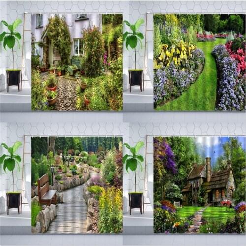 Spring Natural Scenery Shower Curtain Garden Flowers Plants Wooden House Green Forest landscape Bathroom Polyester Curtains Sets
