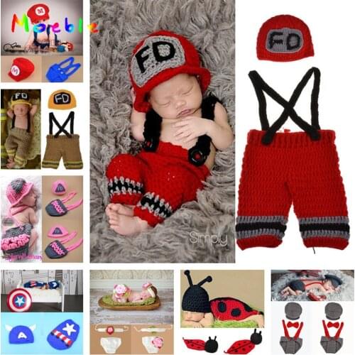 Crochet Baby Hat shorts Set Newborn Baby Fireman Costume Infant Boy Knitted Firefighters Photography Props 1set MZS-15037
