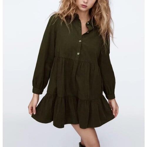 High quality corduroy dress college style student dress long sleeve army green mini dress