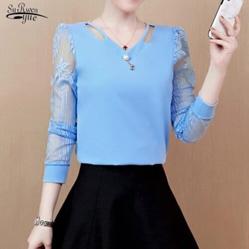Hollowed-out Chiffon Blouse Women Lace Women shirt 2021 V Neck Shirt Long Sleeve Women Tops and Blouses Blusas Plus Size 2314 50