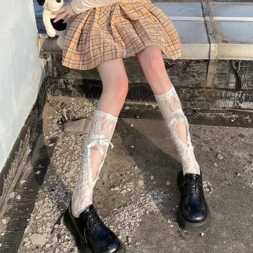Women Gothic Lolita Floral Lace Calf Socks Harajuku Hollow Heart Sweet Ruched Lace-Up Bowknot Mesh Kawaii Tube Stockings