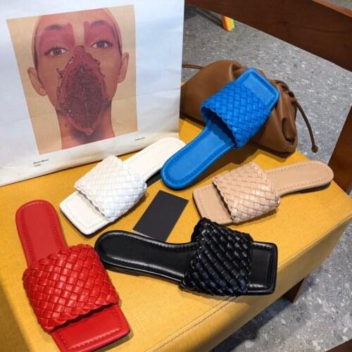 Hot INS Weave Slippers Summer Shoes Woman Open Toe Sandalias Mujer Knit Gladiator Sandals Women Square Toe Slides Ballerina Flat