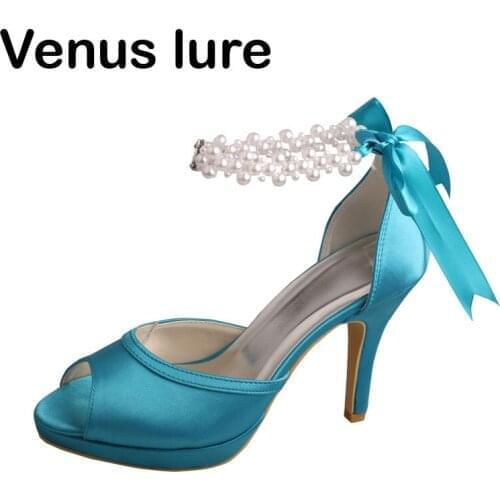 Ladies High Heel Shoes with Pearls Ankle Strap Aqua Blue Prom Bridesmaid Shoes Sandals