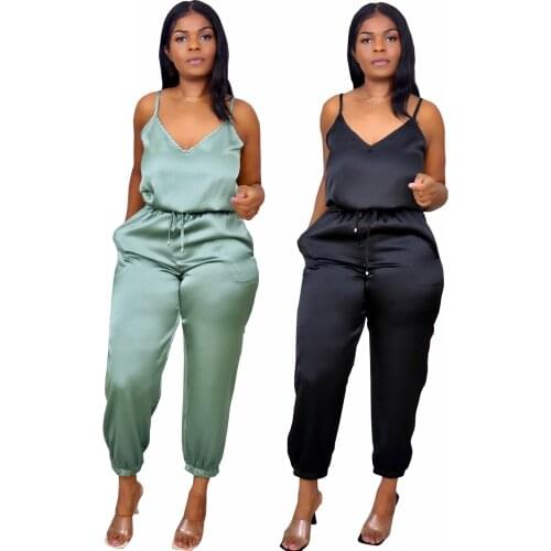 Women Fashion Sleeveless Long Jumpsuit Sexy Satin V-neck Sling Long Jumpsuit Women