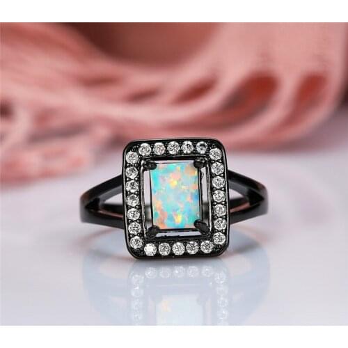 Boho Female White Fire Opal Stone Ring Vintage Black Gold Wedding Rings For Women Promise Love Square Engagement Ring