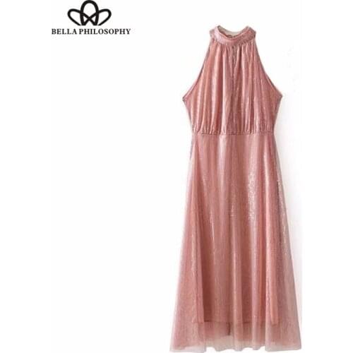 Bella Philosophy 2018 new spring women pink sexy dress loose solid sequined knee length dress spaghetti strap empire dress
