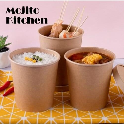 50pcs/pack Large Capacity Disposable Kraft Paper Bowl With Paper Lid Eco Takeaway Food Package Paper Cup Paper Lunch Box