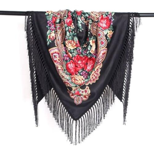 100% Cotton Muffler Warm Floral Paisley Scarf With Tassels,Russian Style Large Square Bandana Head Wrap Shawl Stole With Fringes