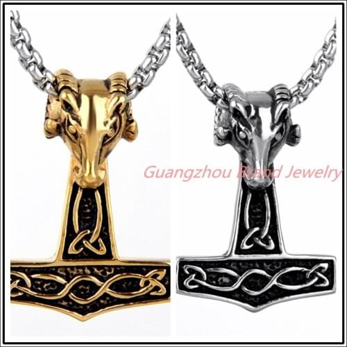 31*23mm Top Design 316L Stainless Steel Silver/Gold color Sheep Head Jewelry Thors Hammer Viking Amulet Mens Pendant Necklace