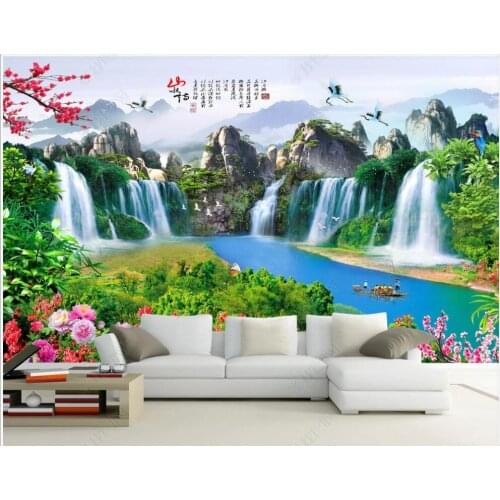 Custom mural 3d photo wallpaper Chinese style mountain waterfall river flowers scenery home decor room wallpaper for walls 3 d