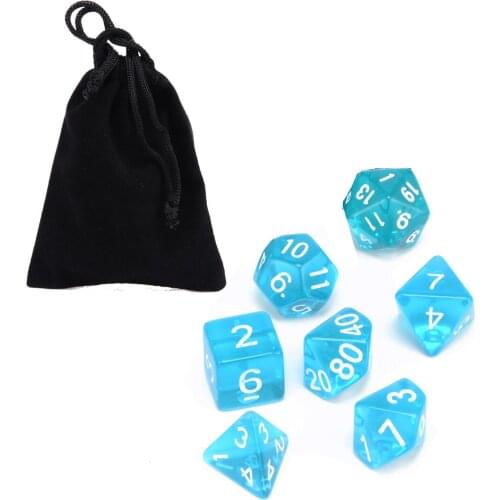 7pcs/set Blue Translucent Polyhedral Dices Set With Dice Bag Table Board Poker Party Family Outdoor Games