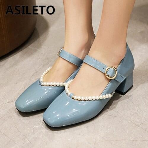 ASILETO New 2021 Ladies Pumps Square Toe 9cm Block Heels Patent Leather Buckle Pearl Elegent Big Size 48 Casual Date A3546