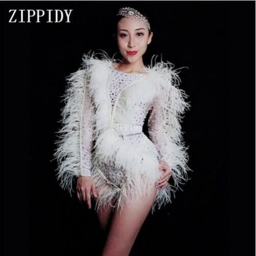 Fashion Bright white Crystals Pearls Feather Fringes Bodysuit Womens Birthday Celebrate Nightclub DJ Female Singer Show Bodysu