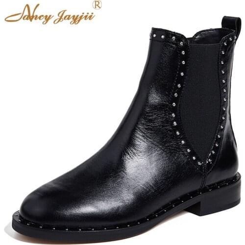 Black Spring Ladies Chelsea Boots Ankle Female Elastic Band Round Toe Square Heel Short Plush Rivets Concise 2021 Casual