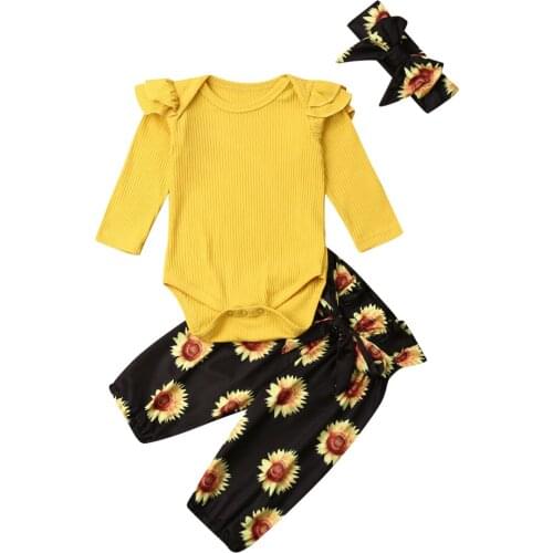 Baby Clothes 2019 Toddler Baby Girl Knitted Bodusuit Jumpsuit Tops Sunflower Pants Trousers Clothes 0-24M
