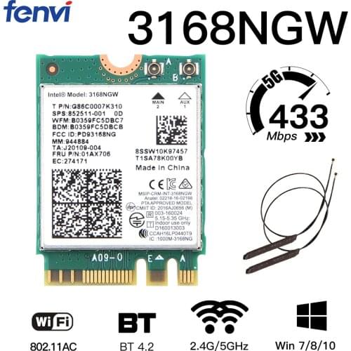 Dual band Wireless 600Mbps Wireless Network Card Wifi Receiver Intel 3168 AC 3168NGW NGFF M.2 802.11ac Wi-fi Bluetooth 4.2 Card