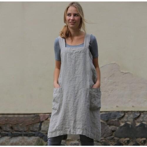 Women Cotton Linen Pinafore Plus Size S-5XL Cross Apron Garden Work Restaurant Potective Pinafore Square Collar Suspender Pocket
