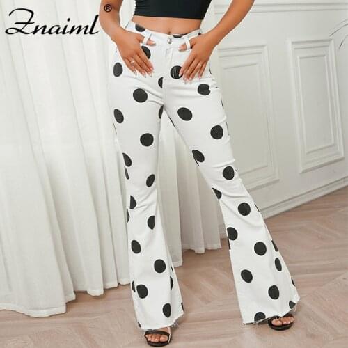 Znaiml Quality Dot Print Flared Jeans Mom High Waist White Pants For Women Jean Flared Pants Femme Y2k Denim Trousers Clothes