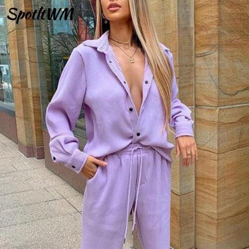 SpotLtWM Casual Women Stripes Two Piece Sets Long Sleeve Single Breasted Button Shirt And Drawstring Pant Suit Female Tracksuit