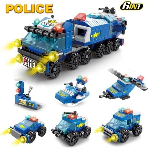147Pcs 6 IN 1 City Police Station Truck Car Plane Building Block Sets Kit DIY Creat Bricks Educational Toys for Children