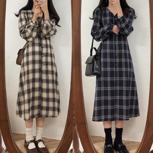 Korean Fashion Plaid Long Sleeve Midi Dress Womens Midi Dresses Plaid V Neck Spring Autumn Long Sleeve Buttons Waist Tied Dress