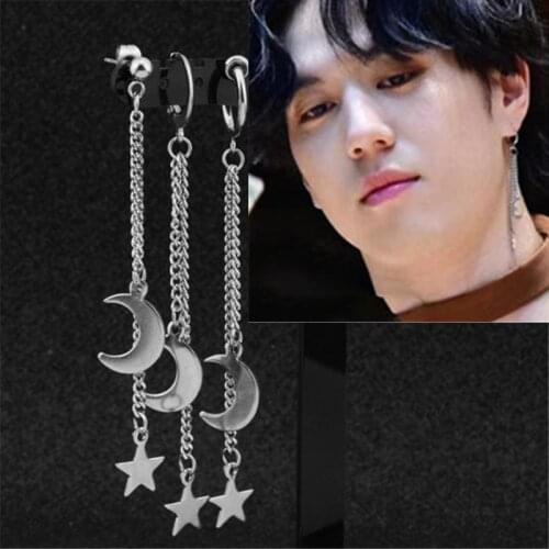 KPOP DNA Korean Punk Moon Star 1Pair silver color Tassel JIMIN Stud Earrings Pendant Drop