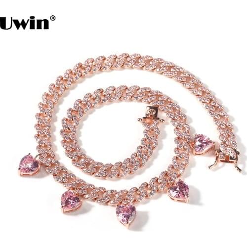 Uwin 9mm Cuban Chain Choker with 5 Pcs Heart Charms Rose Gold Cubic Zirconia Girls Fashion Jewelry Charmming Accessories
